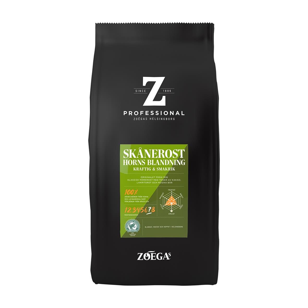 Svart kaffepåse med grönt och vitt etikett för Zoégas Skånerost hela bönor 750g