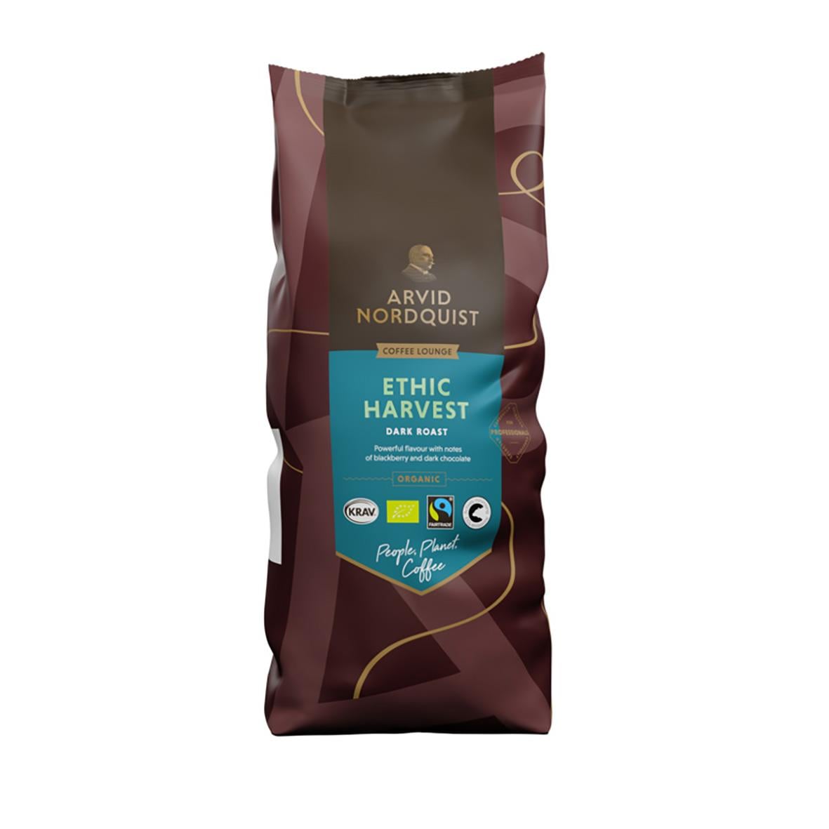 Kaffe Arvid Nordquist Ethic Harvest hela bönor 1000g i mörkbrunt påse med blå etikett