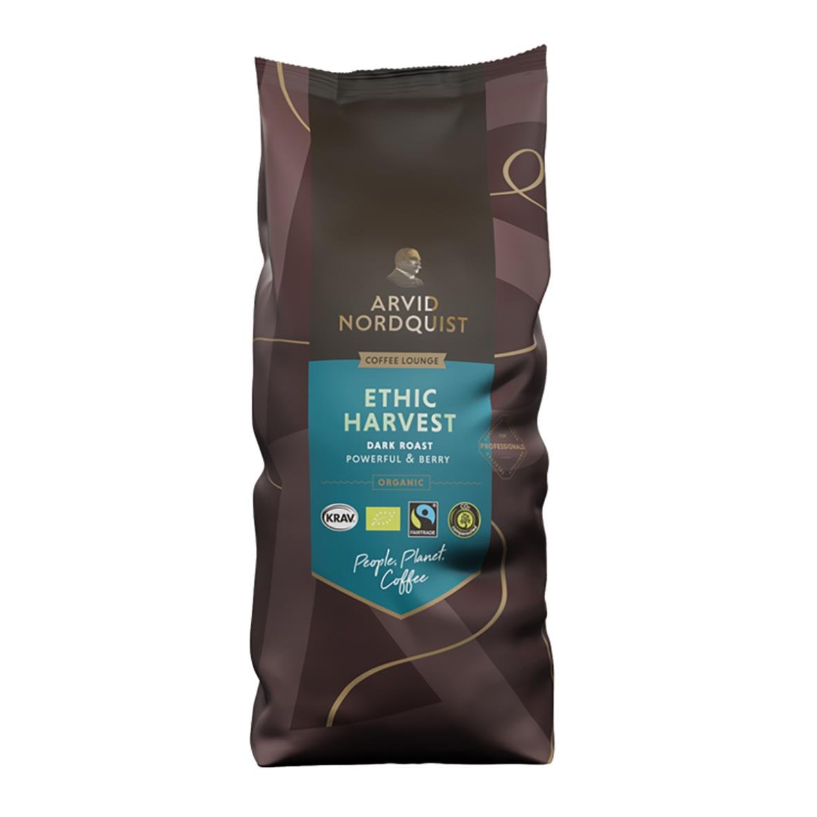Kaffe Arvid Nordquist Ethic Harvest hela bönor 1000g i mörkbrunt påse med blå etikett