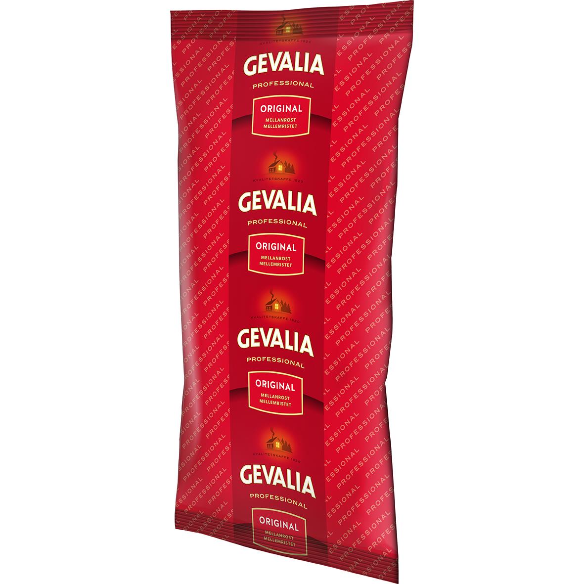 Röd kaffepåse med Gevalia Original Mellanrost etikett och text