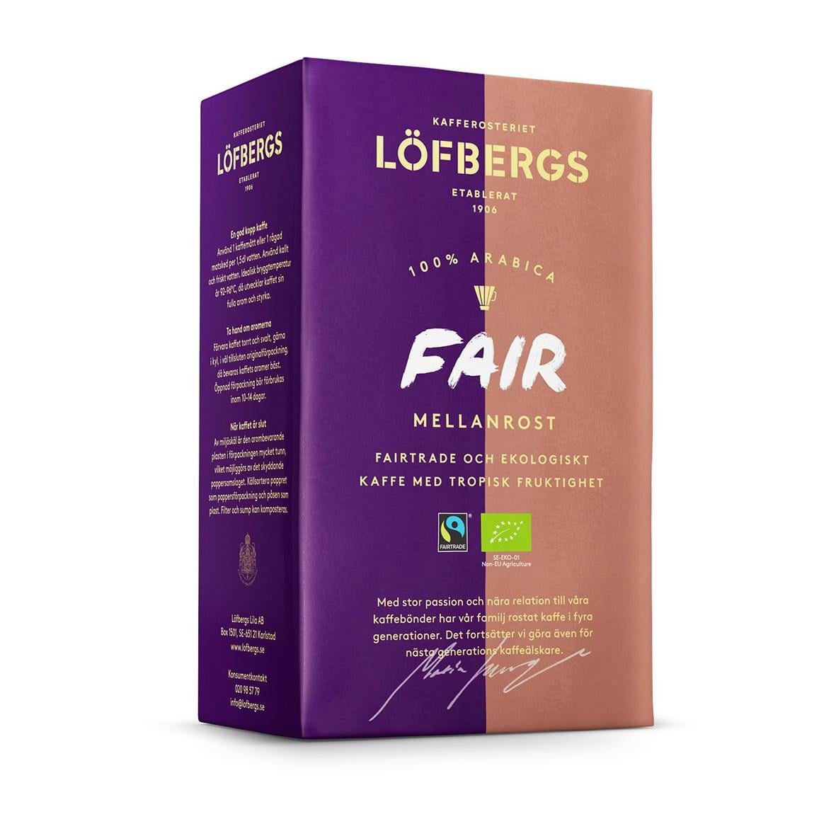 Förpackning av Löfbergs Fair Mellanrost bryggkaffe 450g i lila och brunt design