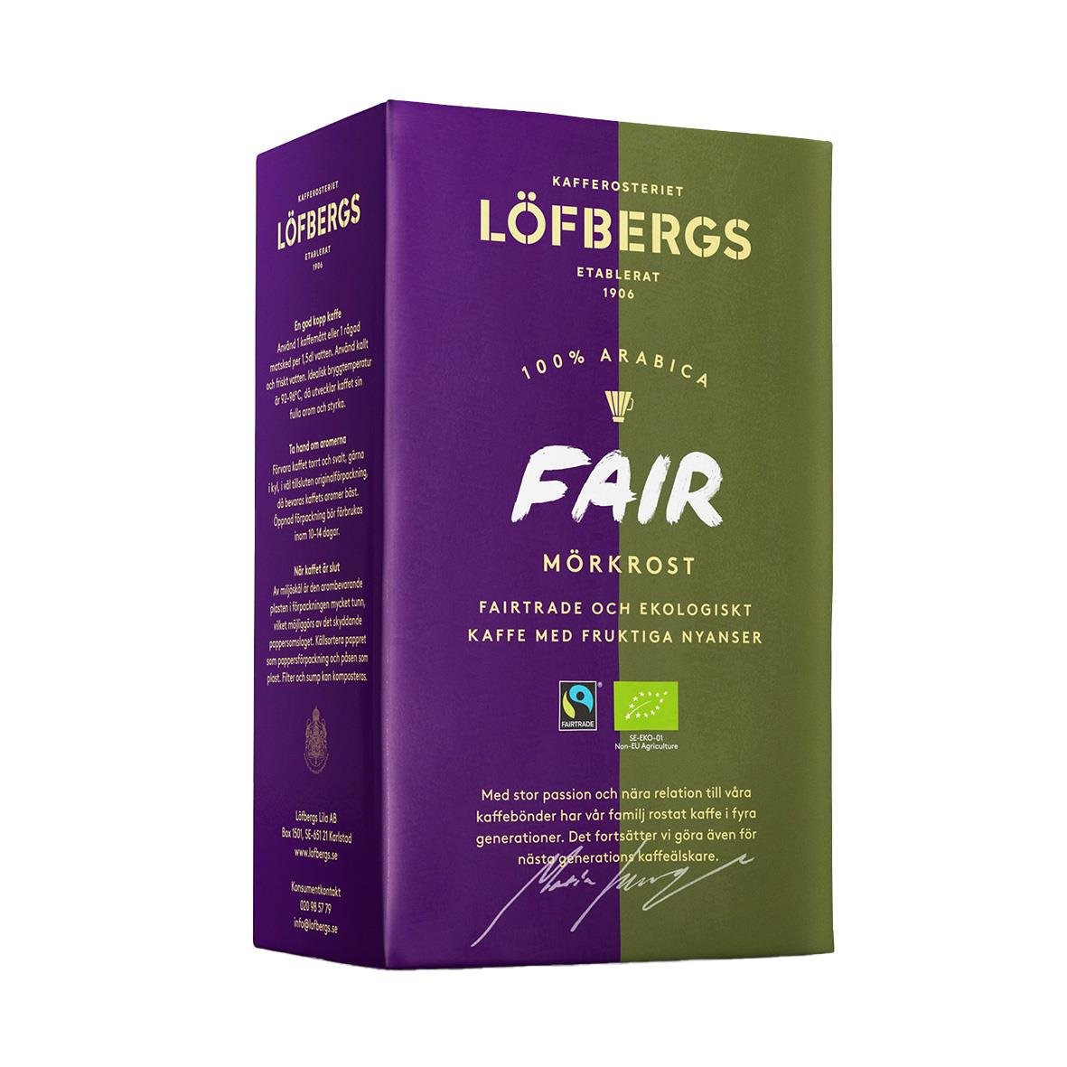 Löfbergs Fair Mörkrost bryggkaffe 450g i lila och grönt förpackning