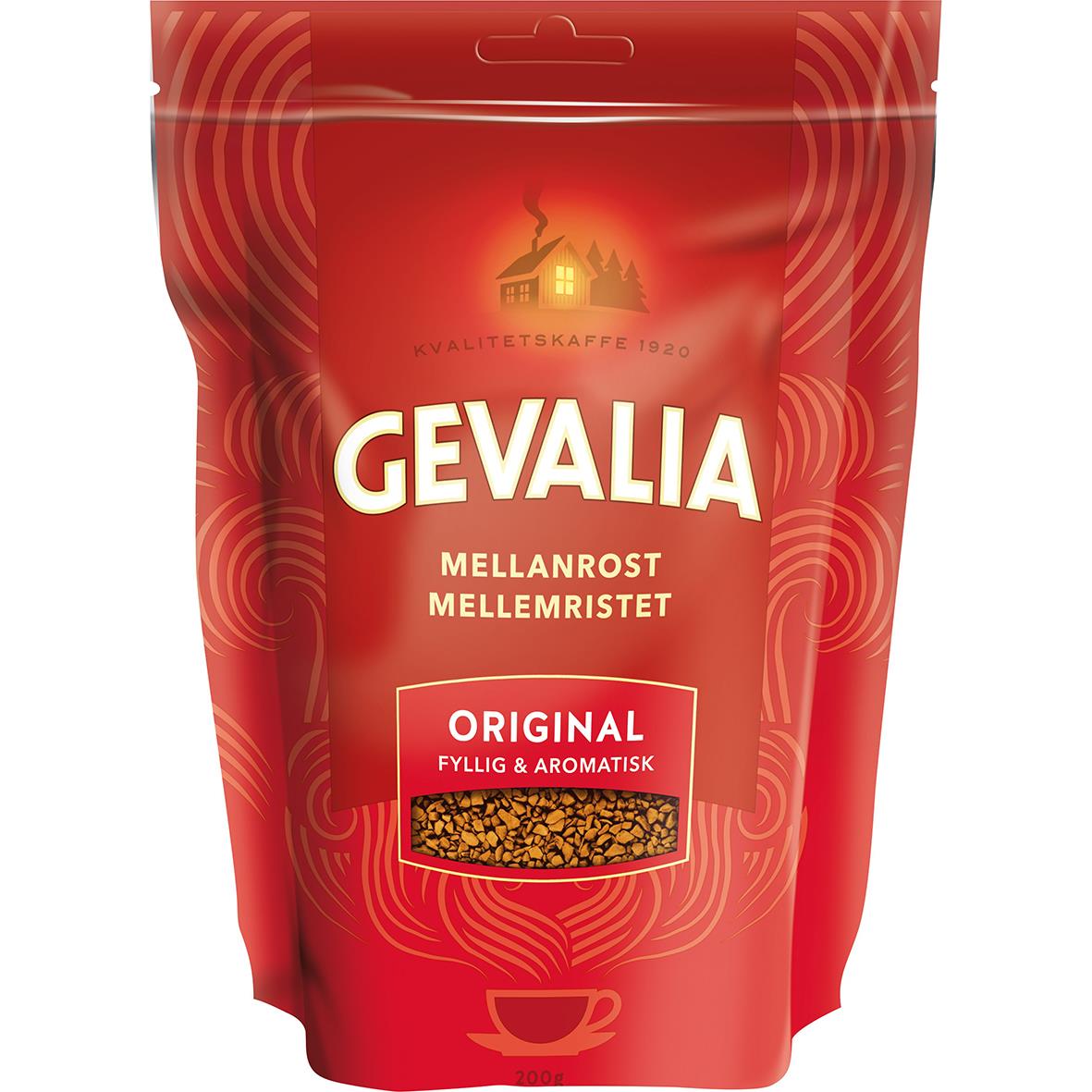 Röd påse med Gevalia Mellanrost Instant Refill 200g, med kaffe och text