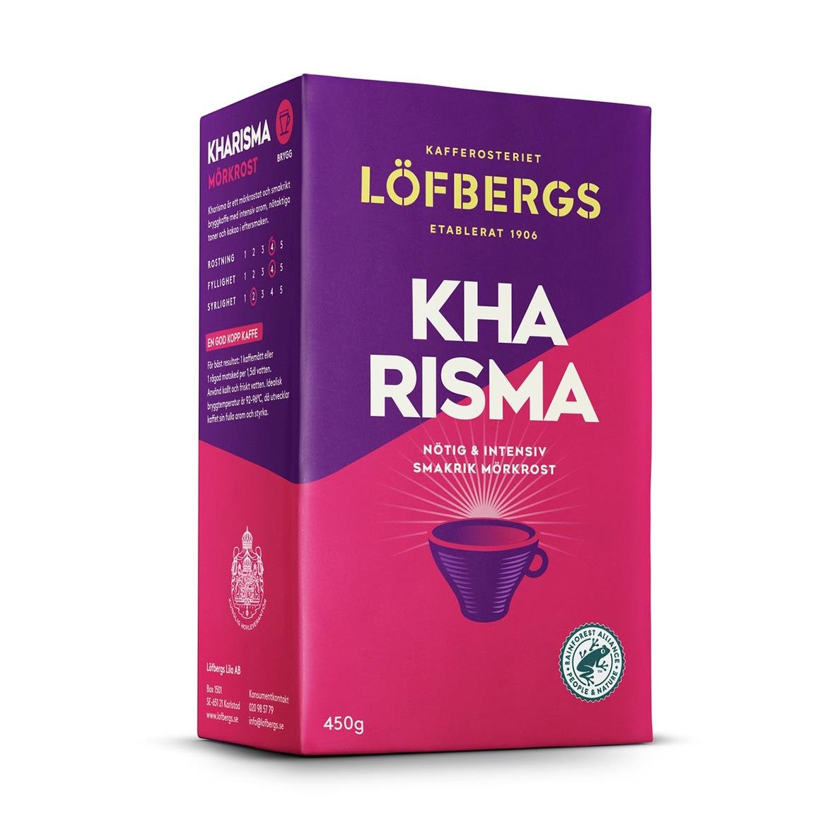 Förpackning av Löfbergs Kharisma bryggkaffe 450g i lila och rosa färger med kaffekoppillustration