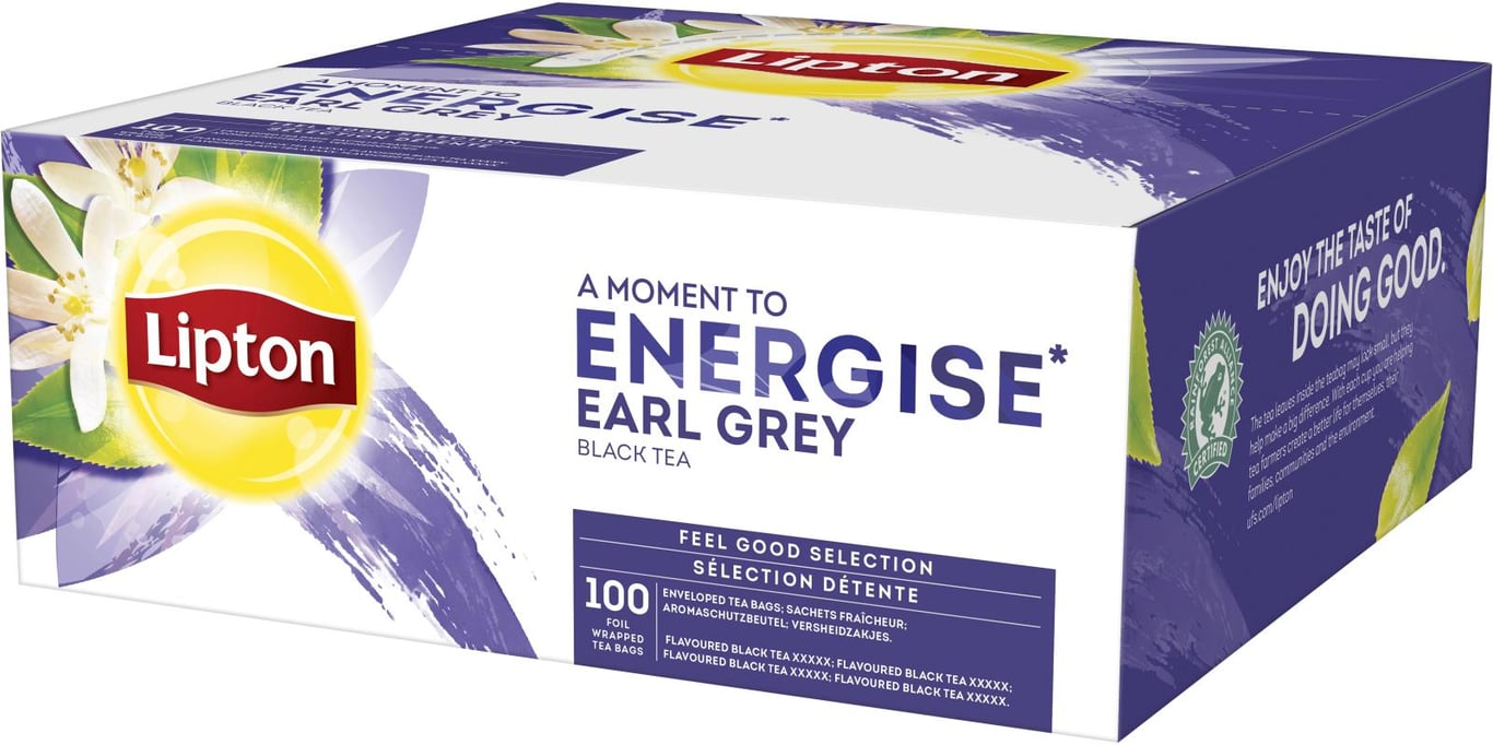Te Lipton Energise Earl Grey i blått och vitt förpackning med citron och teblad