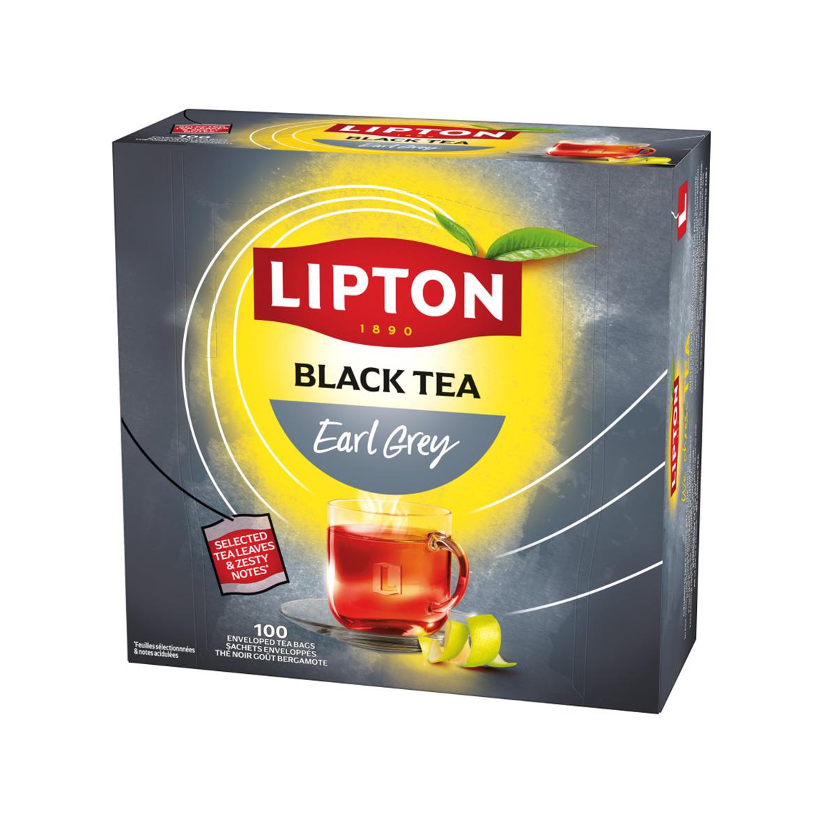 Te Lipton Energise Earl Grey i blått och vitt förpackning med citron och teblad