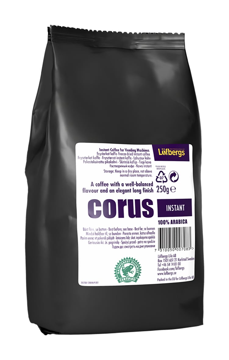 Svart påse med Löfbergs Corus Automat snabbkaffe 250g, etikett med text och barcodes