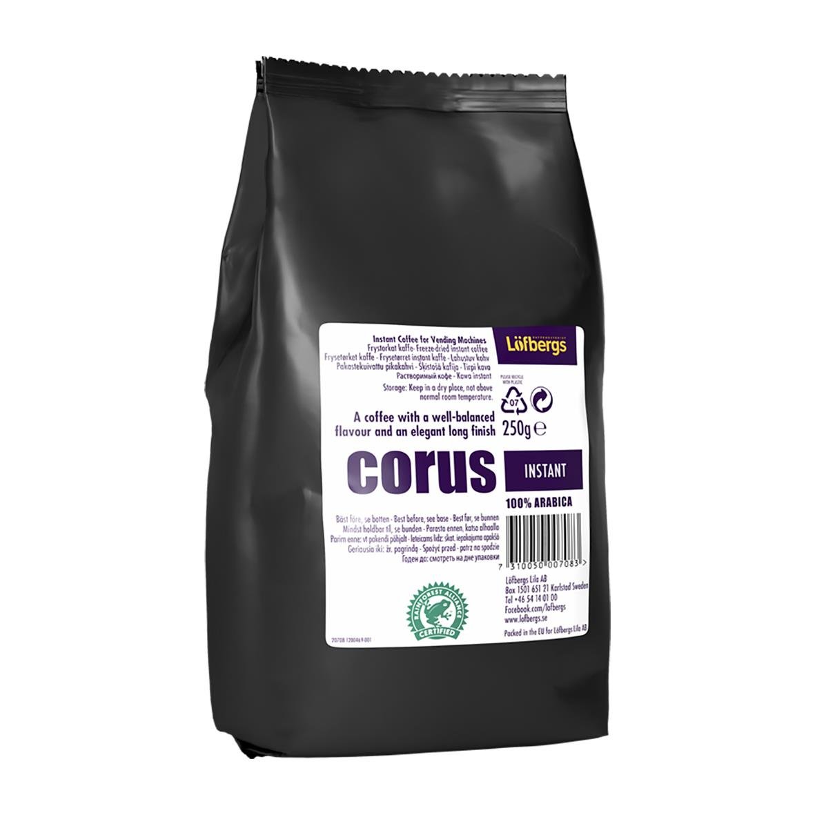 Svart påse med Löfbergs Corus Automat snabbkaffe 250g, etikett med text och barcodes