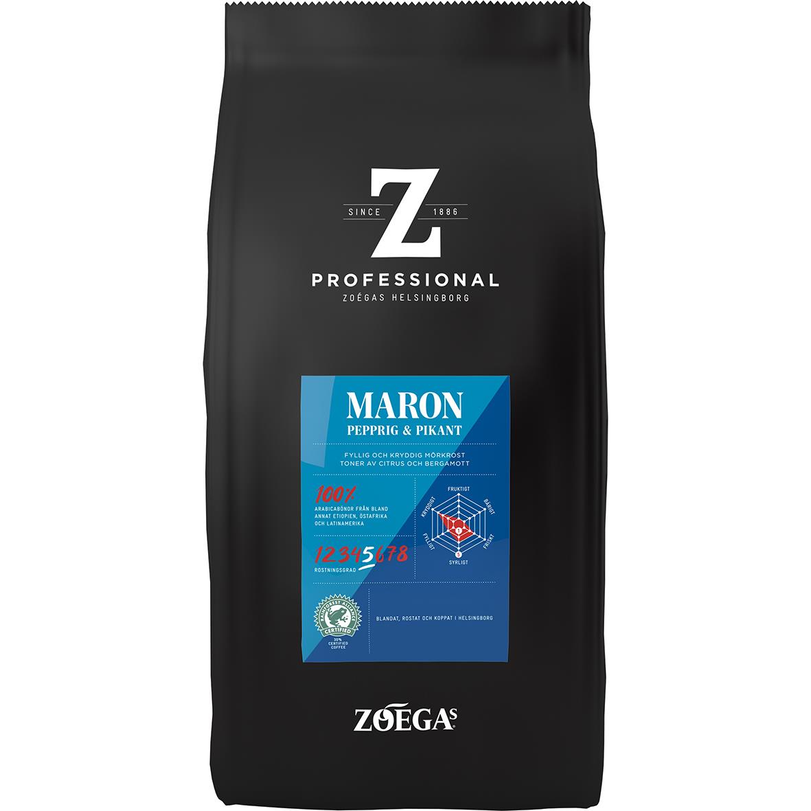 Svart påse med Zoégas Maron hela kaffebönor 750g, svart och blå design med text och grafik