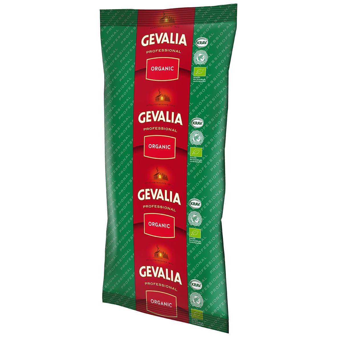 Förpackning av Gevalia Organic Mellanrost kaffe 1000g i grönt och rött paket