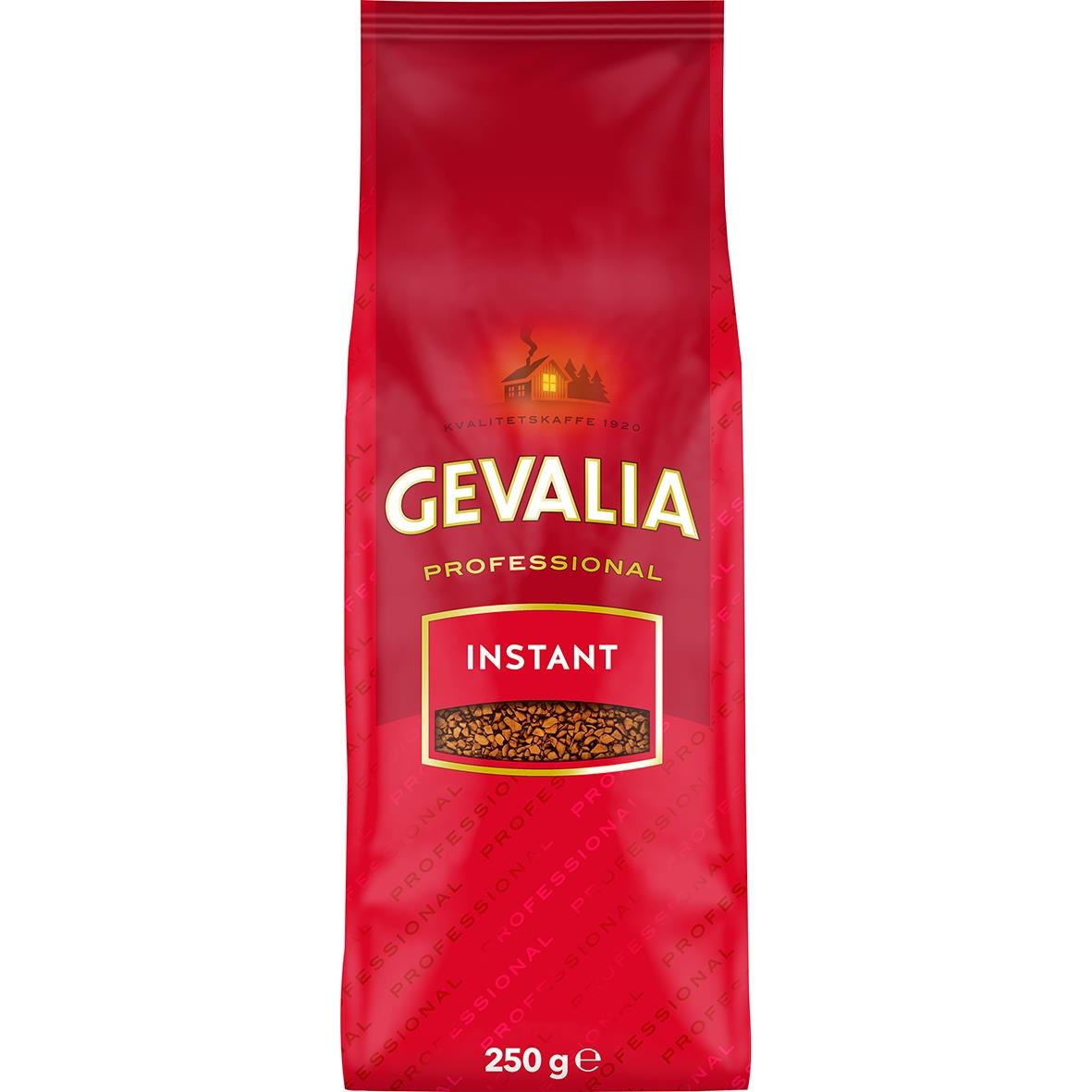 Röd påse Gevalia Professional Instant kaffe 250g med bild av hus och skog