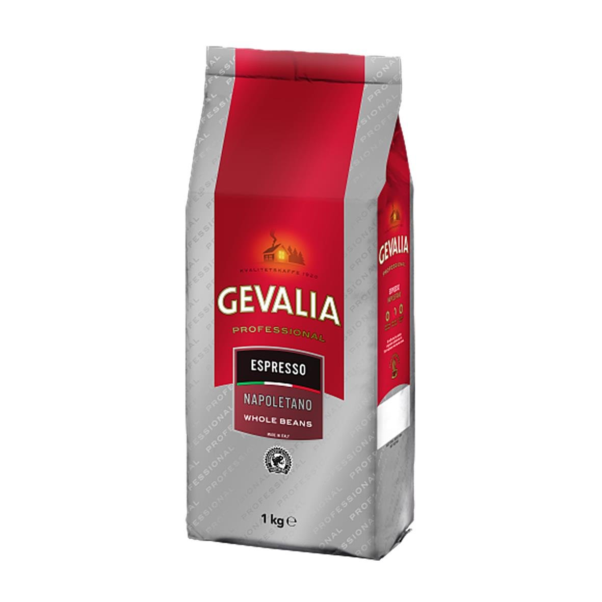 Förpackning med Gevalia Aroma Napoletano hela kaffebönor 1000g i rött och silver