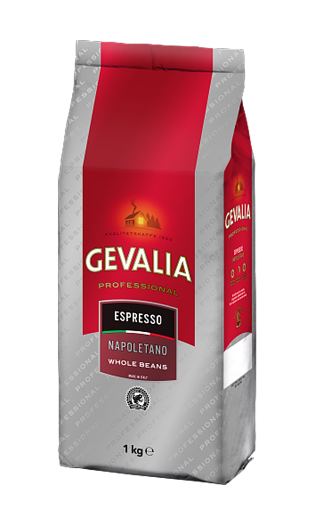Förpackning med Gevalia Aroma Napoletano hela kaffebönor 1000g i rött och silver
