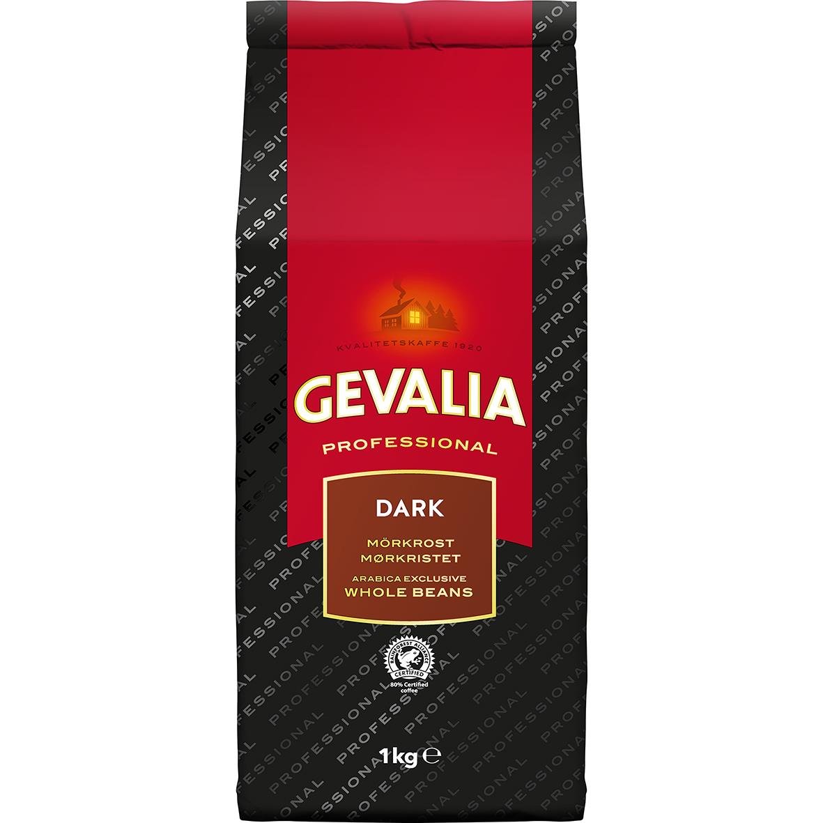 Kaffe Gevalia Dark hela bönor 1000g i röd förpackning med svart och gult text