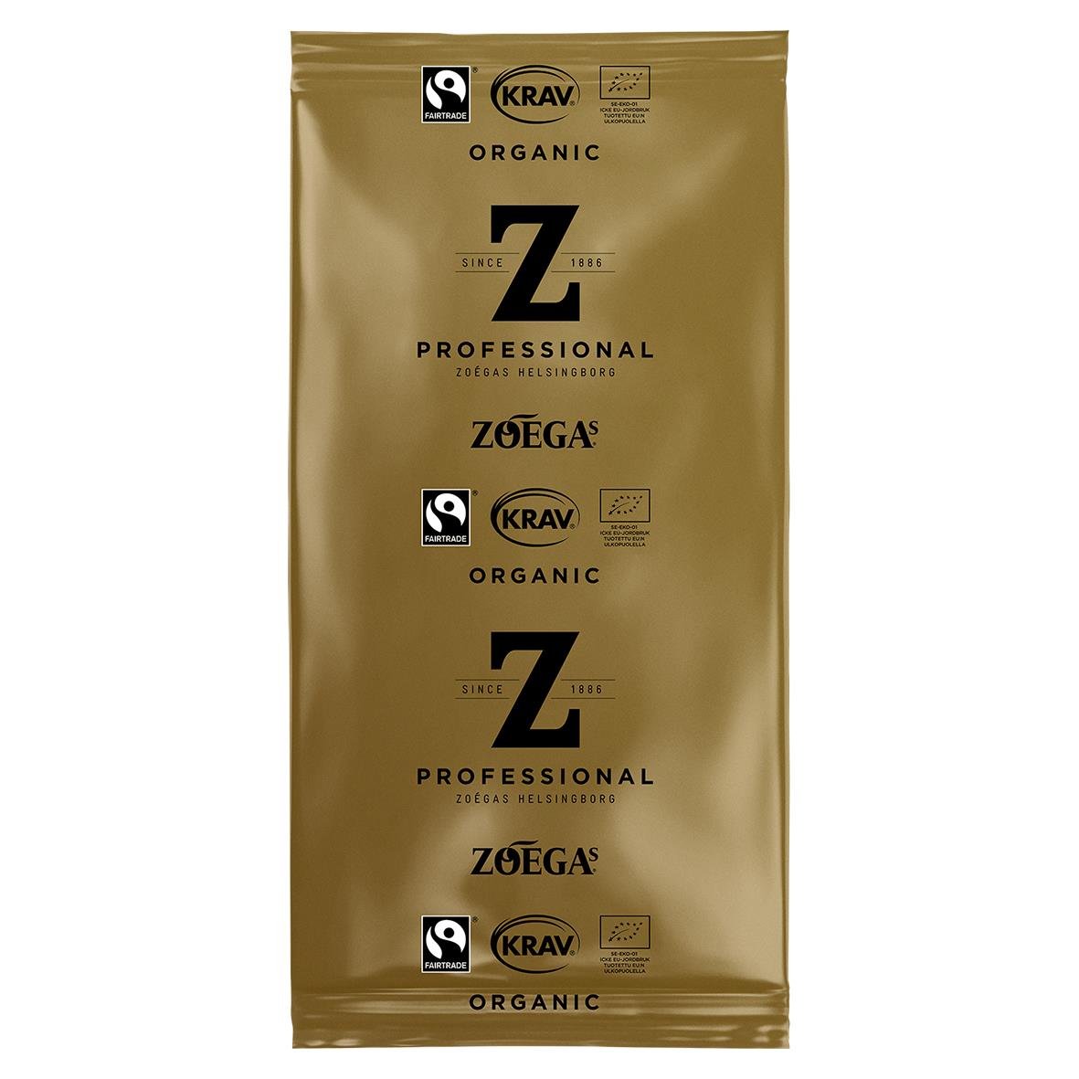 Kaffe Zoégas Cultivo Urnbrygg 225g i guldfärgad påse med ekologiska och KRAV-märkta certifieringar