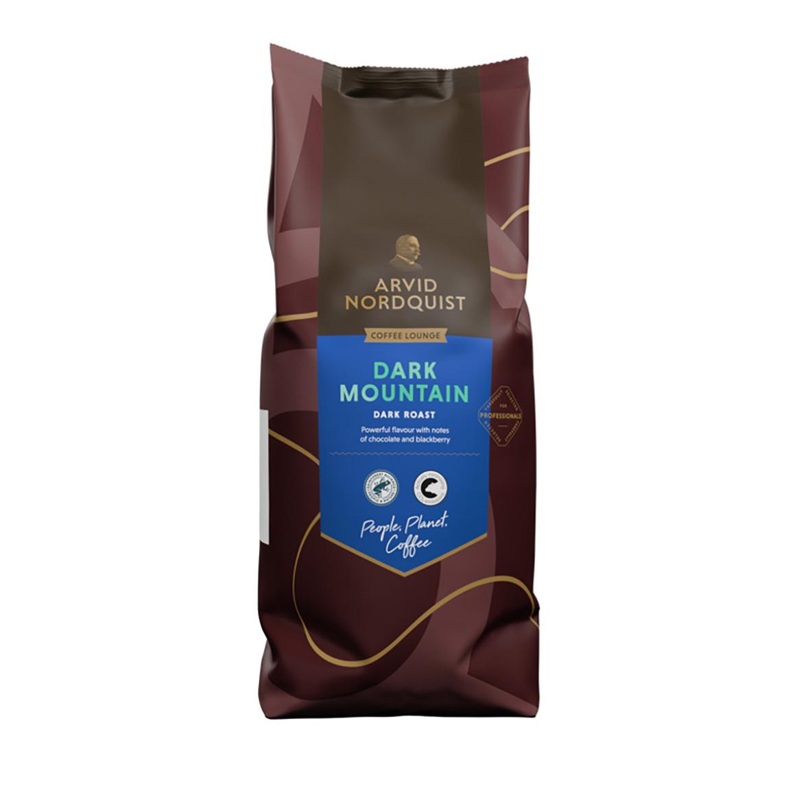 Kaffe Arvid Nordquist Dark Mountain hela bönor 1000g i mörkbrunt påse med blå etikett