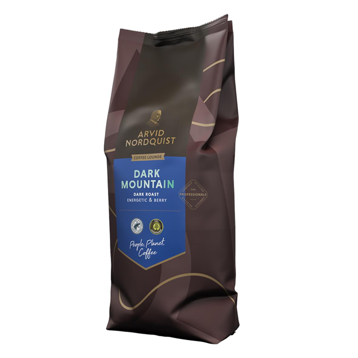 Kaffe Arvid Nordquist Dark Mountain hela bönor 1000g i mörkbrunt paket med blå etikett
