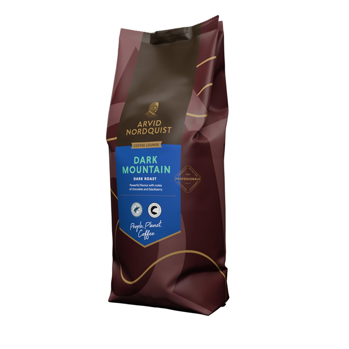 Kaffe Arvid Nordquist Dark Mountain hela bönor 1000g i mörkbrunt paket med blå etikett