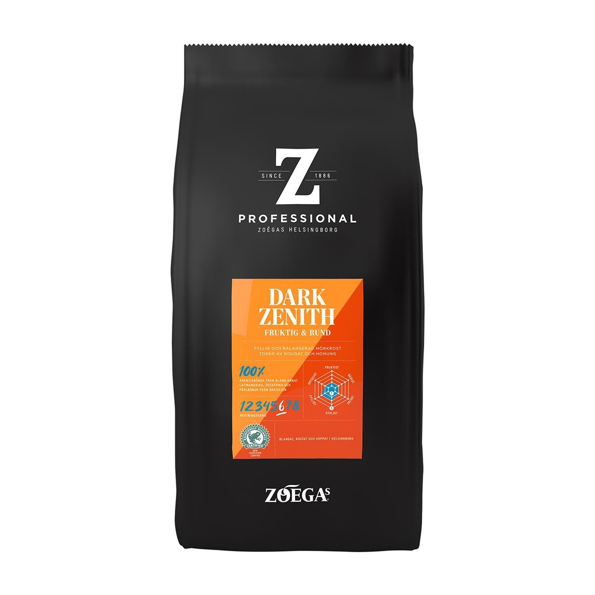 Kaffe Zoégas Dark Zenith hela bönor 750g i svart påse med orange etikett