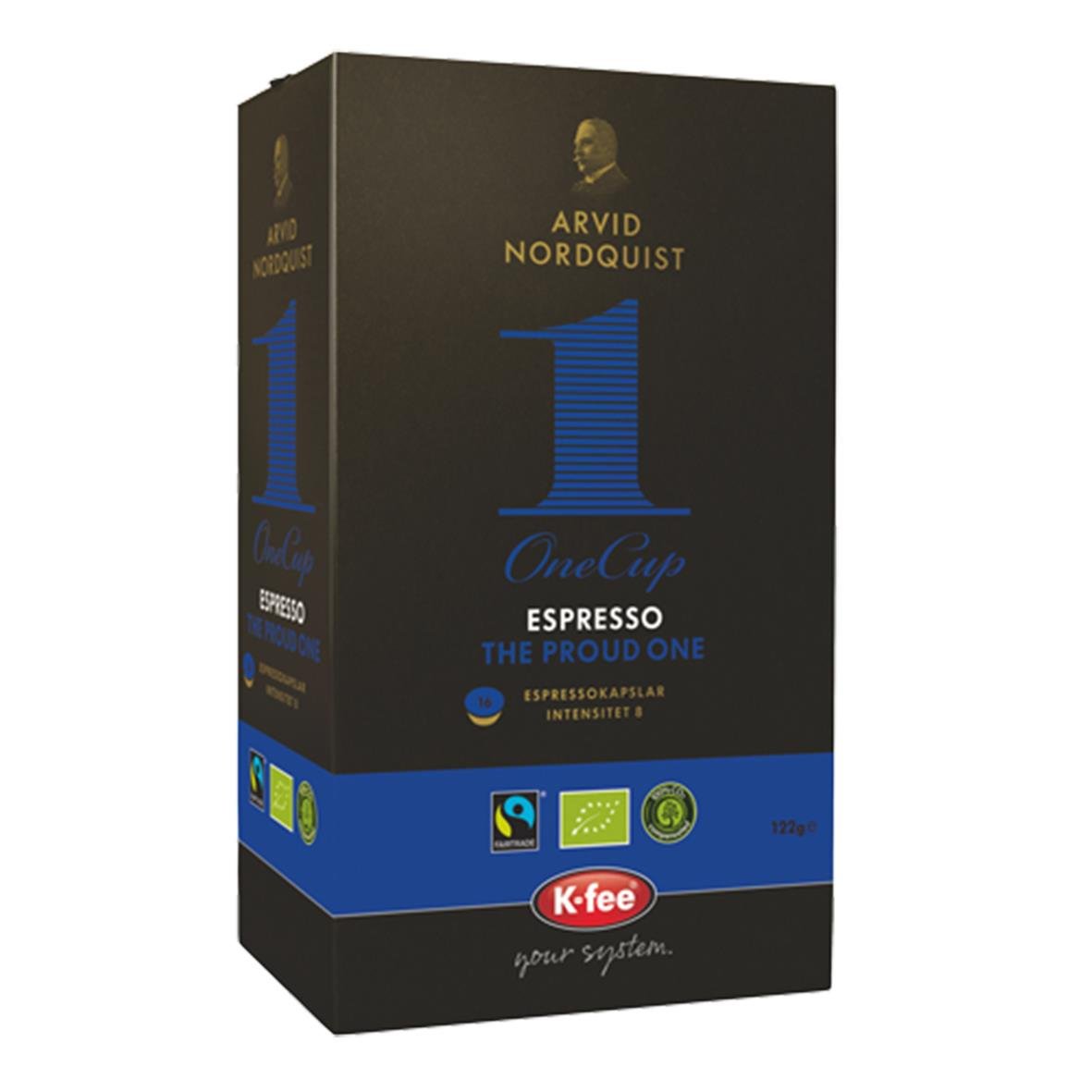 Kaffekapslar Arvid Nordquist The Proud One espresso i svart förpackning med blå och gulddetaljer