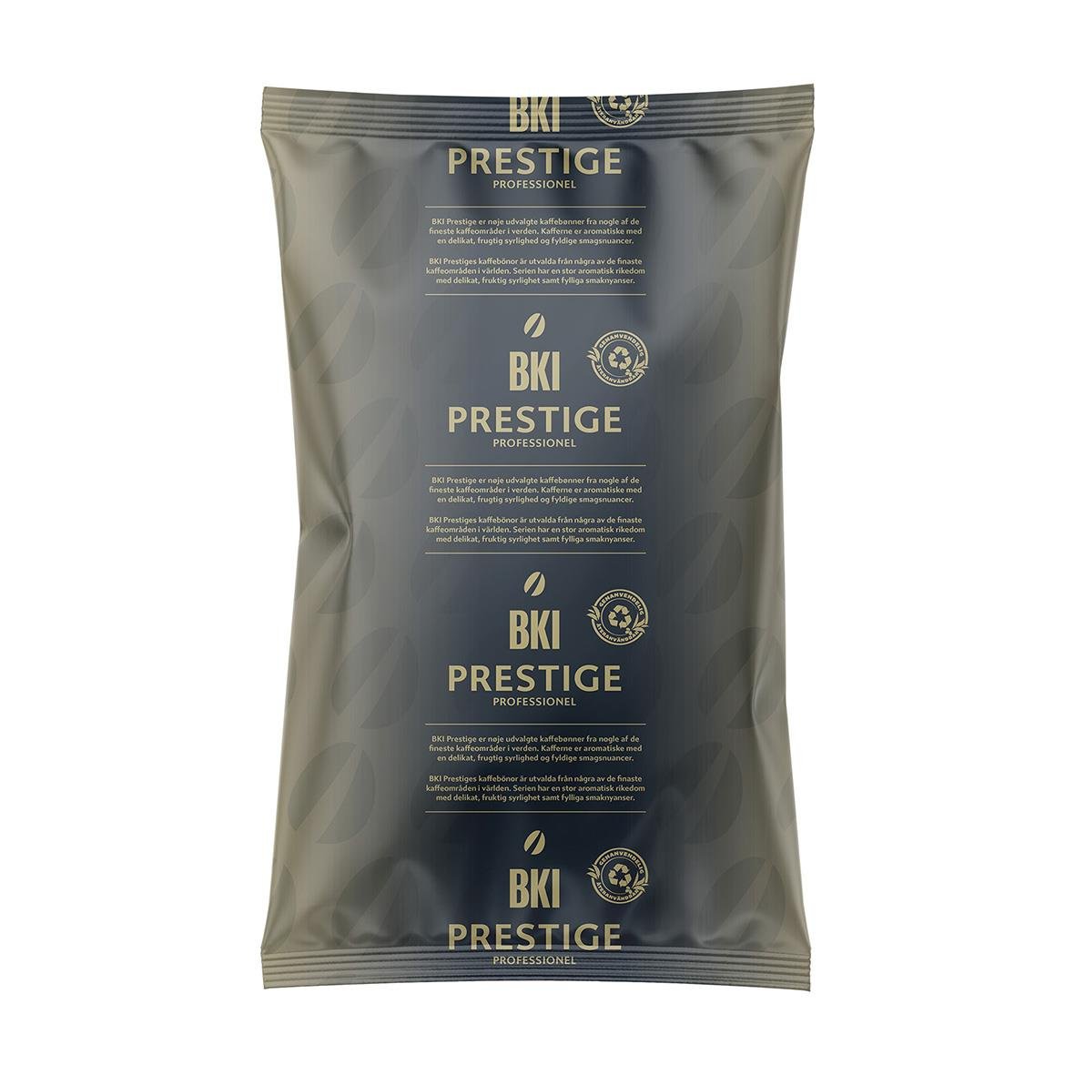 Förpackning med 1000g malet mörkrostad kaffe från BKI Skånerost Prestige