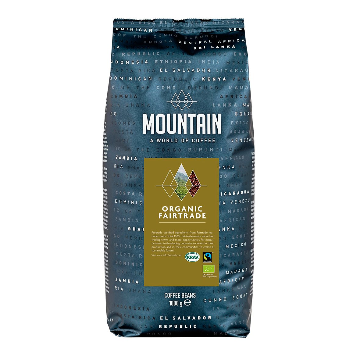 Förpackning av Mountain Mörkrost hela kaffebönor 1000g med världskarta och Fairtrade-märke