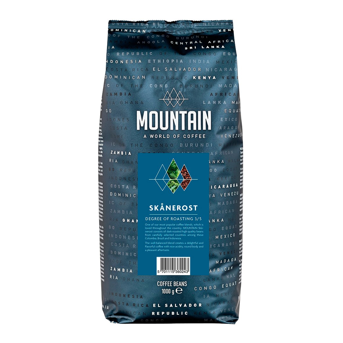 Förpackning av Mountain Skånerost Mellanmörk hela kaffebönor 1000g med blå design och världskarta i bakgrunden