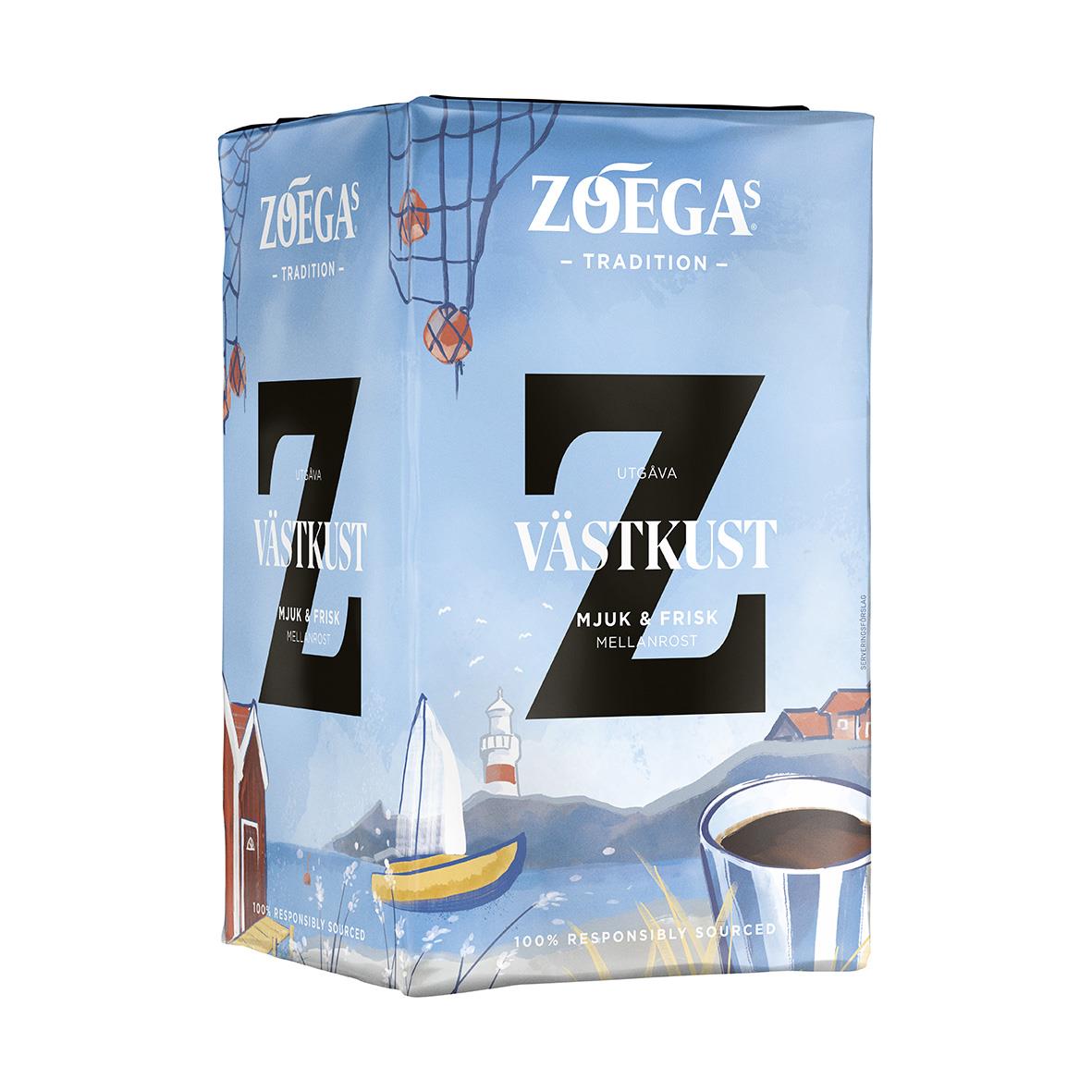 Förpackning av Zoégas Västkust Brygg kaffe 450g med havs- och kustmotiv