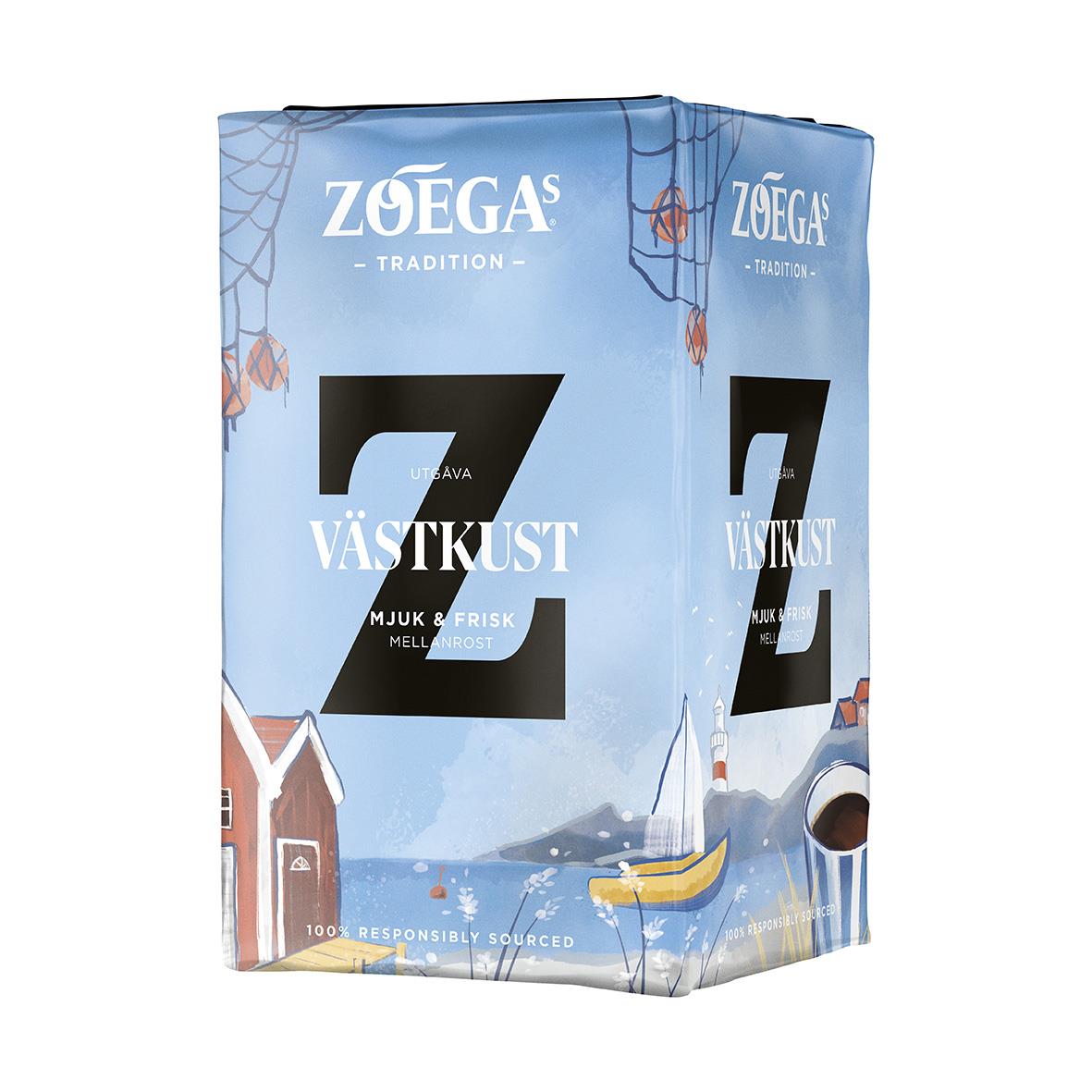 Förpackning av Zoégas Västkust Brygg kaffe 450g med havs- och båtmotiv