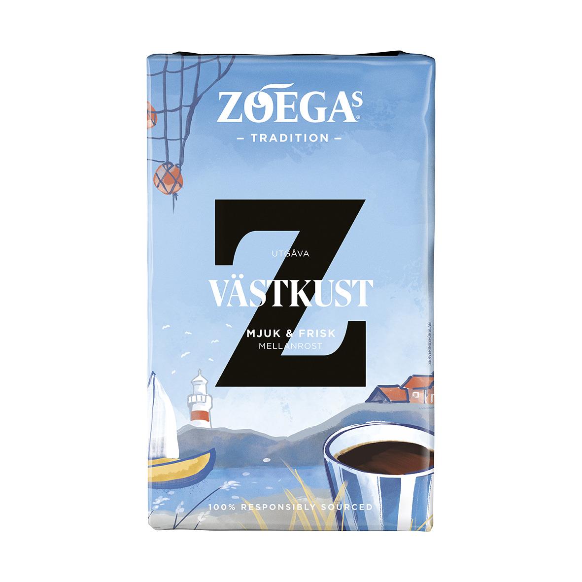 Förpackning av Zoégas Västkust bryggkaffe 450g med havs- och kustmotiv