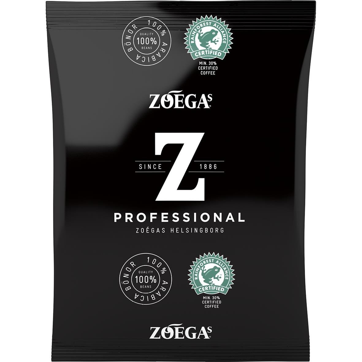 Svart påse med Zoégas Dark Zenith termosbrygg kaffe 110g, certifierad ekologisk och hållbar