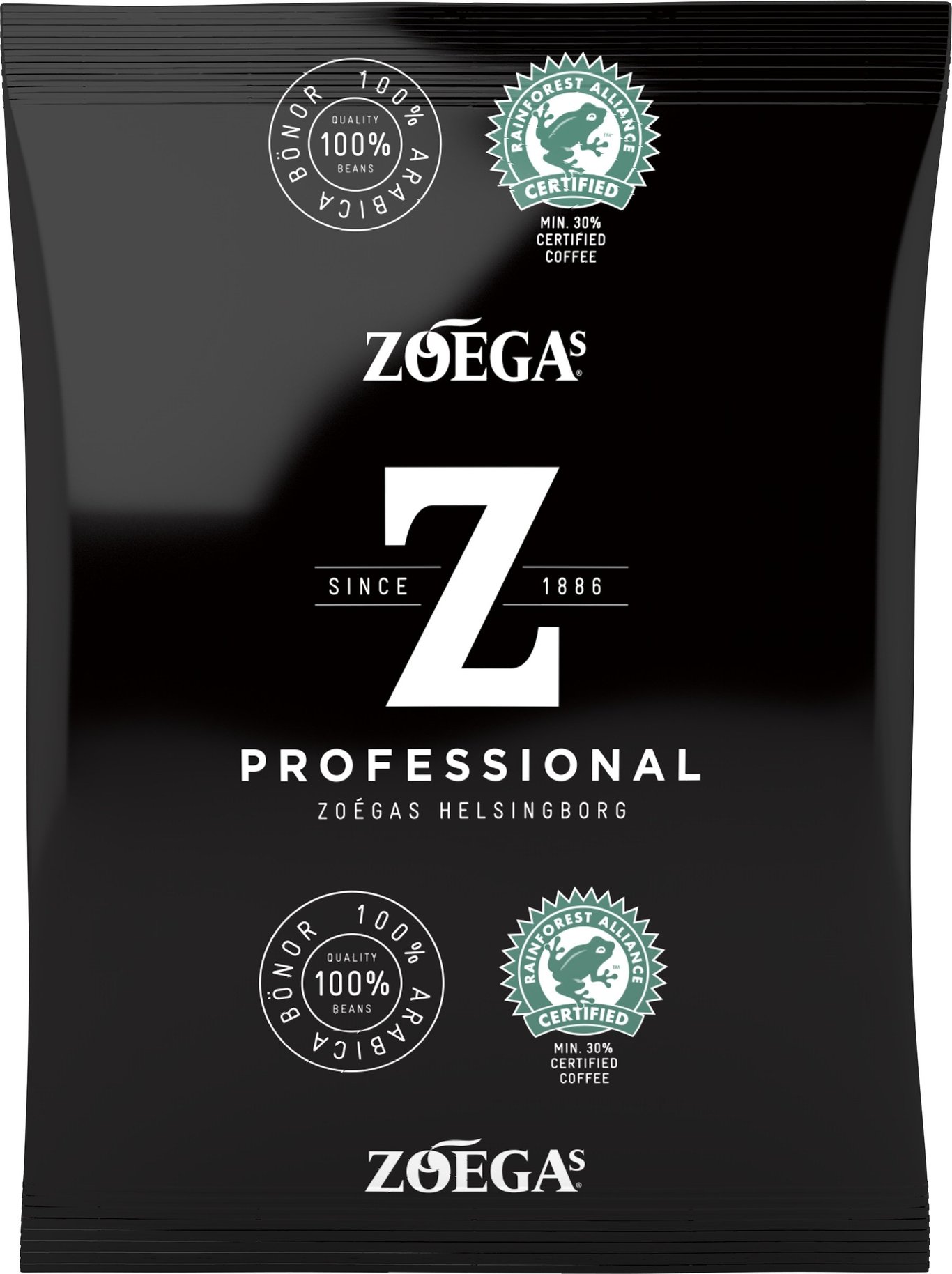 Svart påse med Zoégas Dark Zenith termosbrygg kaffe 110g, certifierad ekologisk och hållbar
