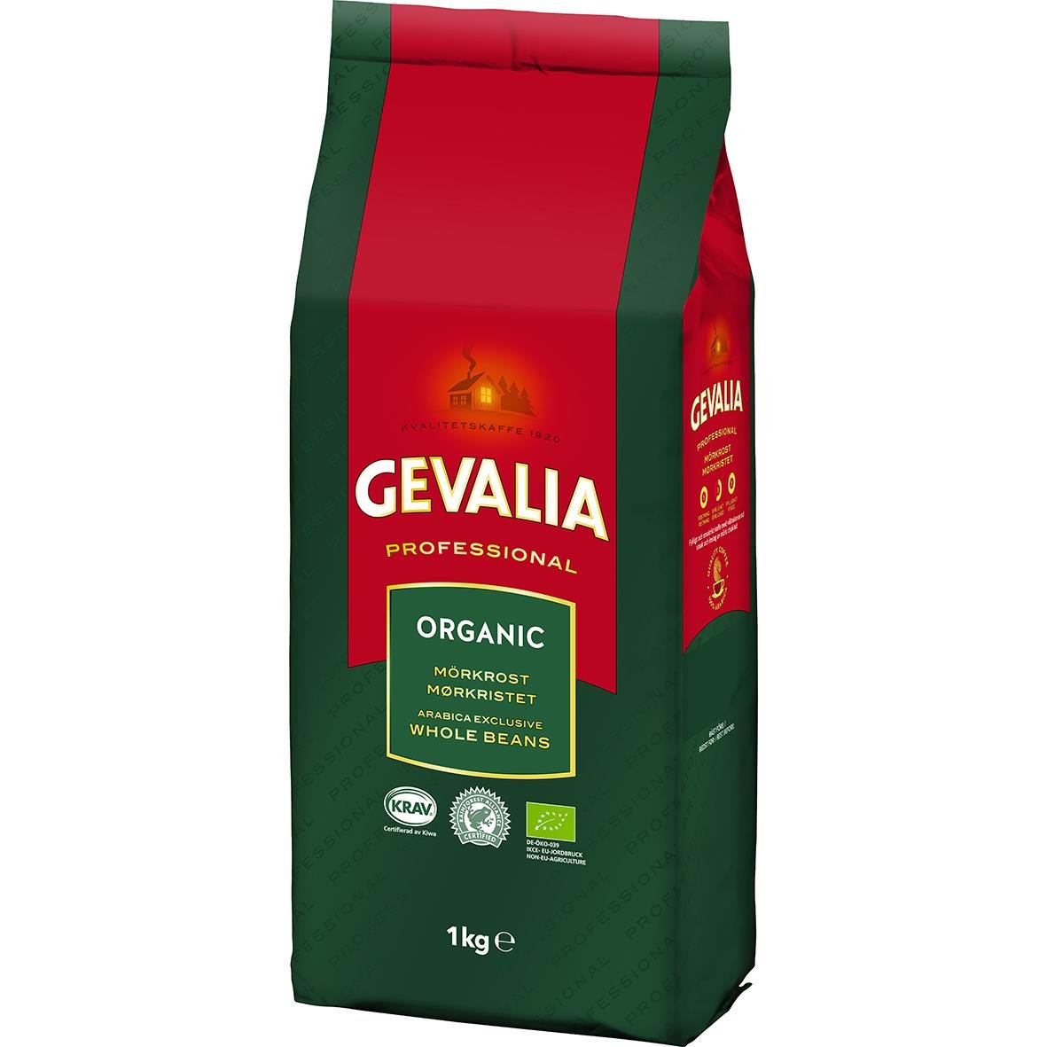 Röd och grön kaffepåse med Gevalia Organic Mörkrost etikett och logo