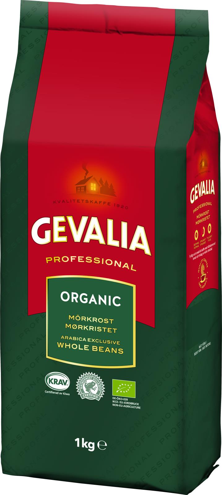 Röd och grön kaffepåse med Gevalia Organic Mörkrost etikett och logo