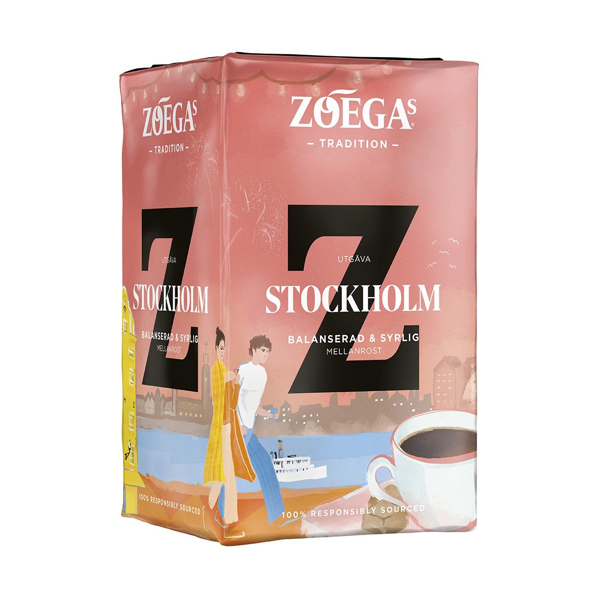Förpackning av Zoégas Stockholm bryggkaffe 450g med illustration av stad och kopp kaffe