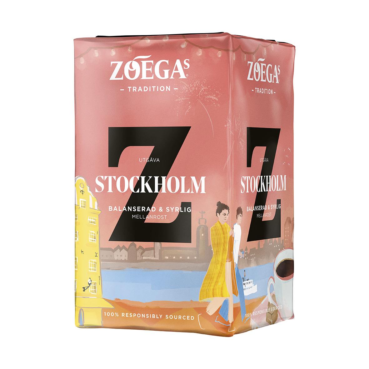 Förpackning av Zoégas Stockholm Brygg kaffe 450g i rosa design med illustration av ett par vid vattnet
