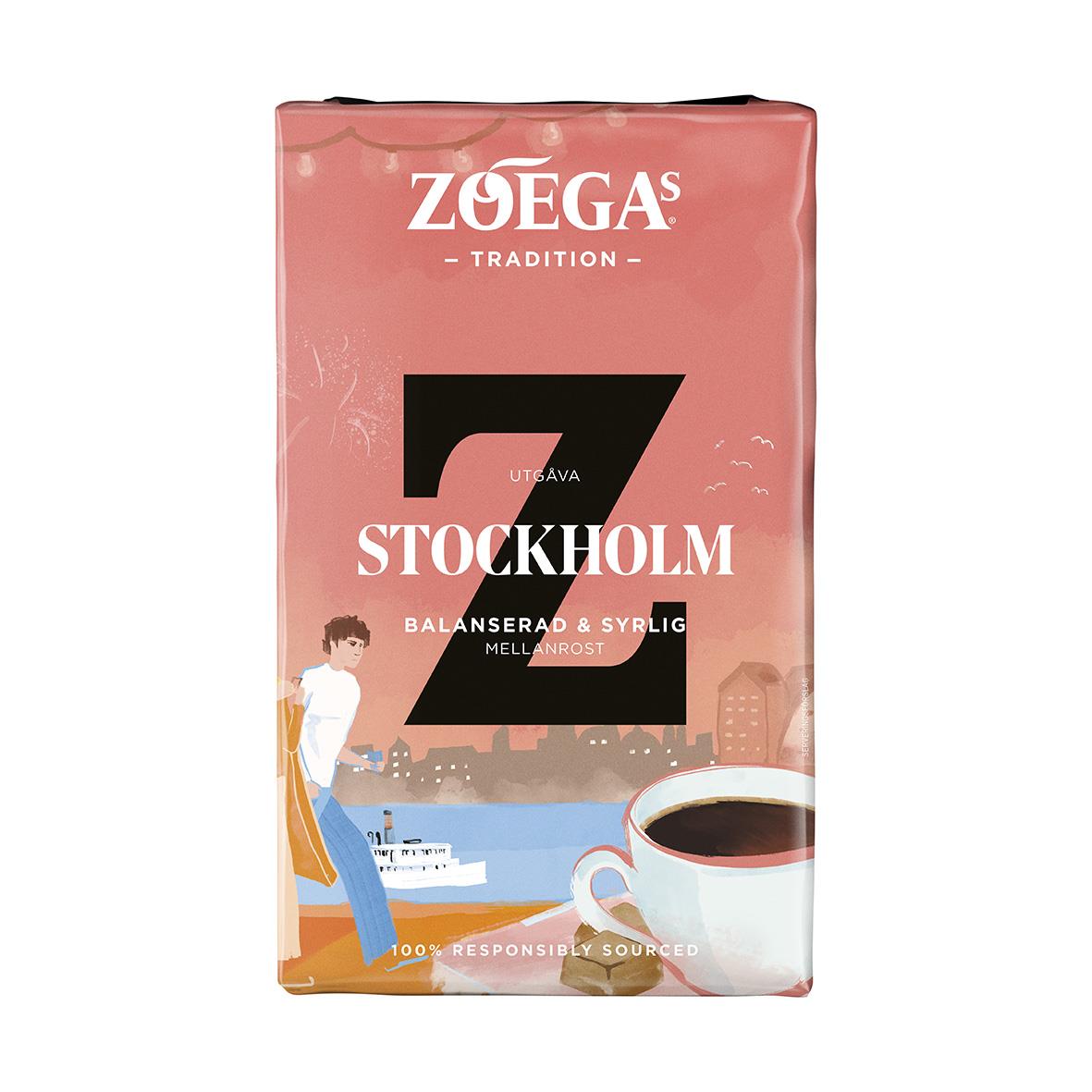 Förpackning av Zoégas Stockholm bryggkaffe 450g med bild av stadssilhuett och kaffekopp