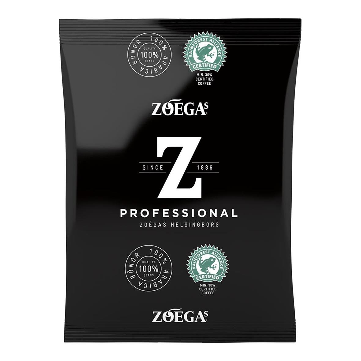 Förpackning av Zoégas Mollbergs Blandning Termosbrygg 110g kaffe i svart påse med Zoégas och certifieringsmärken