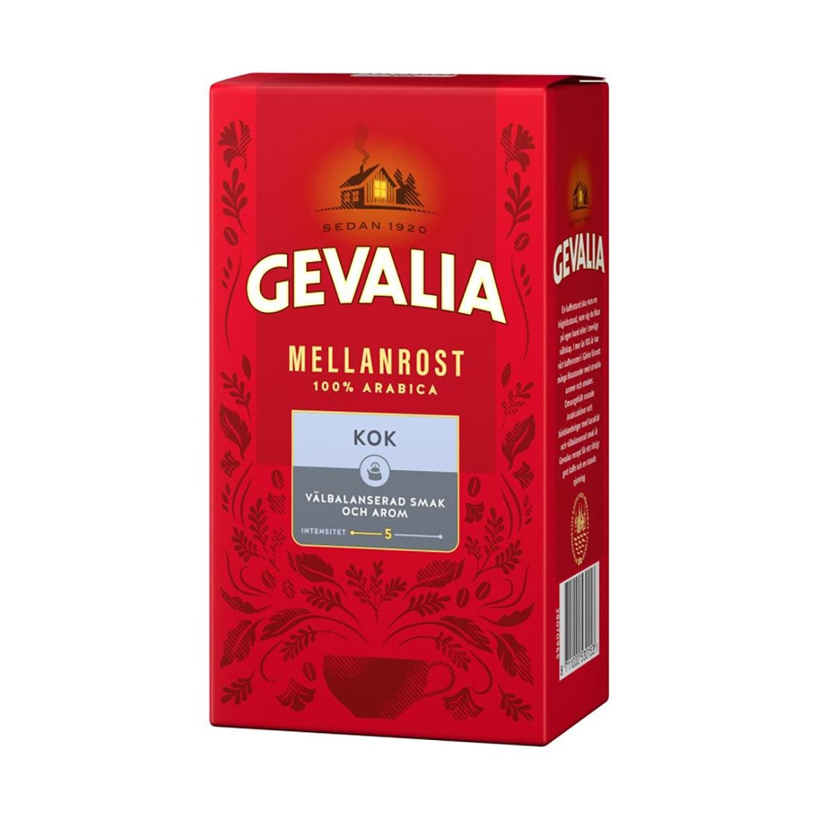 Röd kaffepåse med Gevalia Mellanrost Kok 450g, aromatiserad med valbalanserad smak och arom