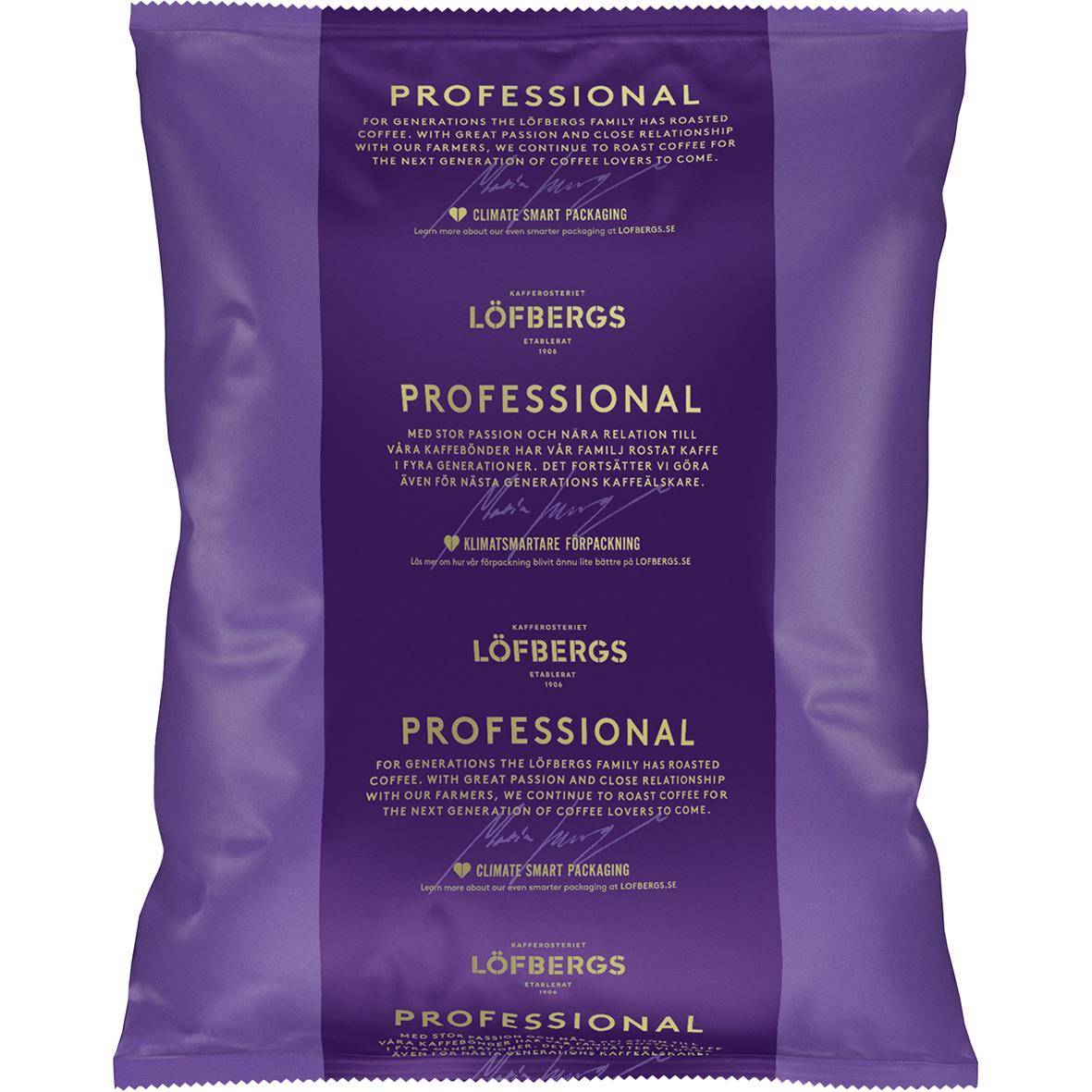 Förpackning av Löfbergs Mörk Termosbrygg kaffe 125g i lila färg med gul text