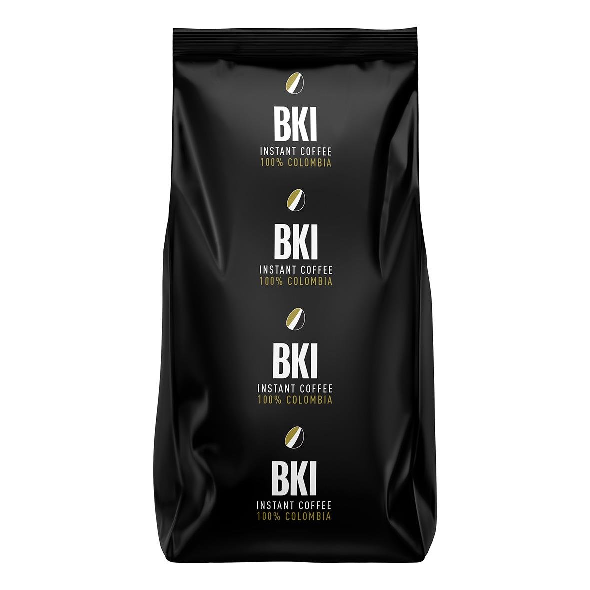 Svart påse med BKI Instant Mellanrost kaffe 250g, enkel design med text och kaffekapselillustration