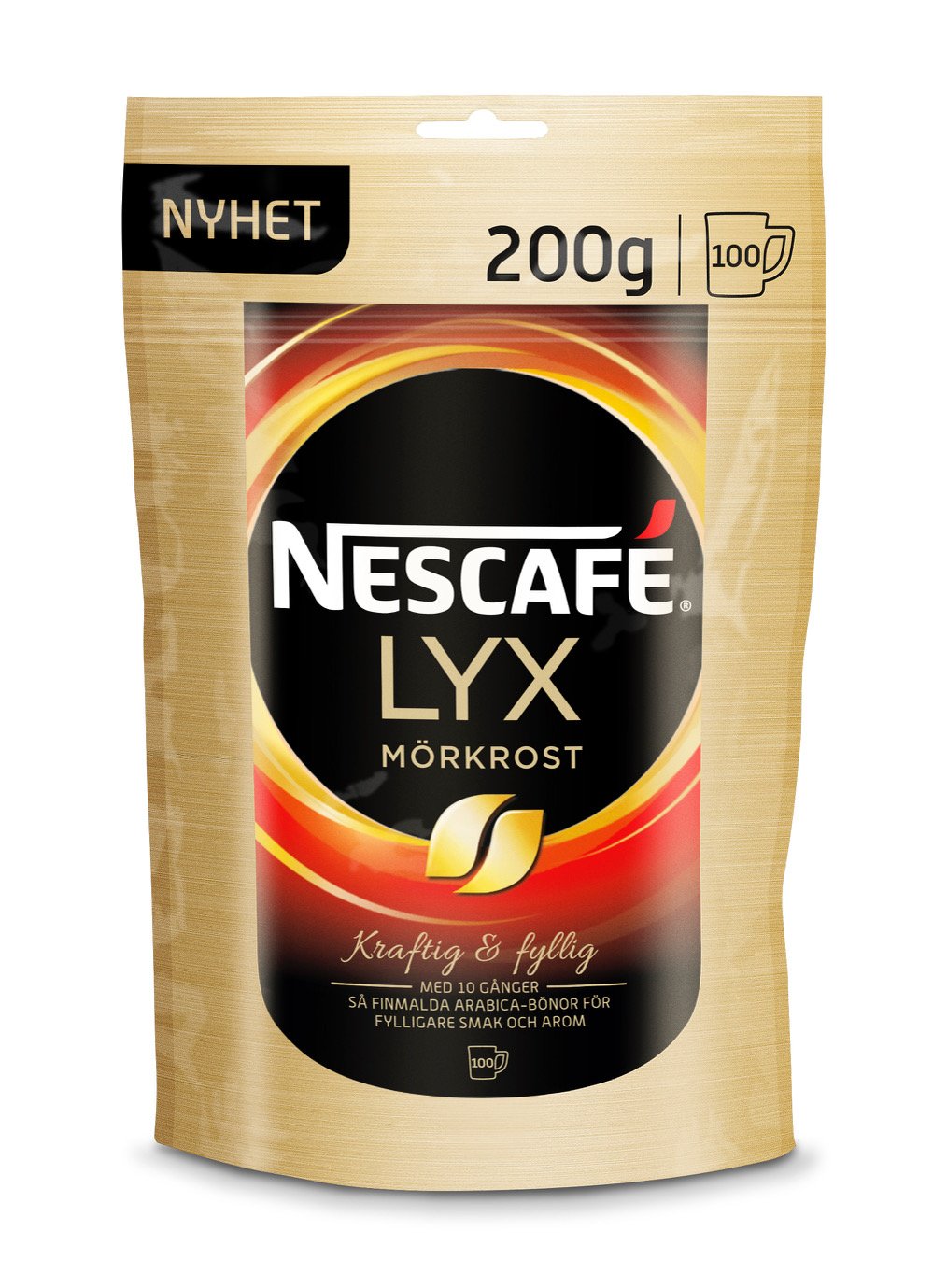 Nescafé Lyx mörkrost snabbkaffe i mjukpack på 200g med nyhetsmärke och smakbeskrivning
