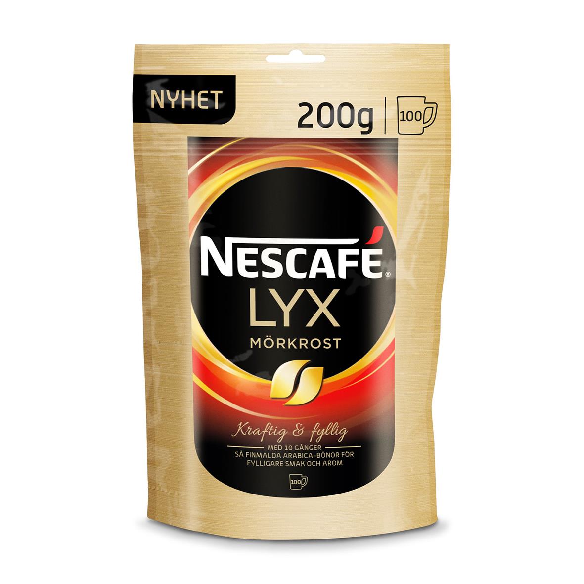 Nescafé Lyx mörkrost snabbkaffe i mjukpack på 200g med nyhetsmärke och smakbeskrivning