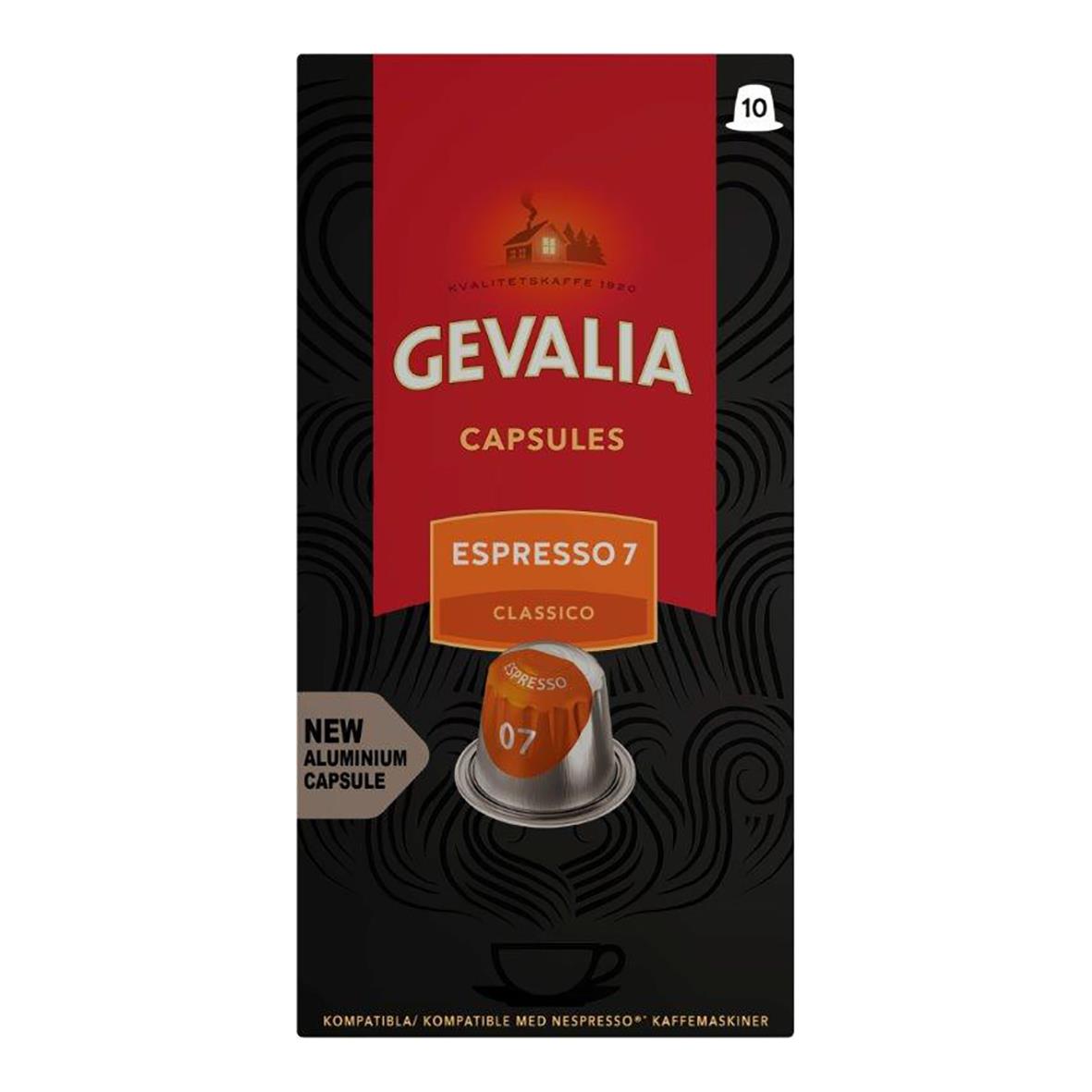 Kaffekapslar Gevalia Espresso 7 Classico i svart och rött förpackning