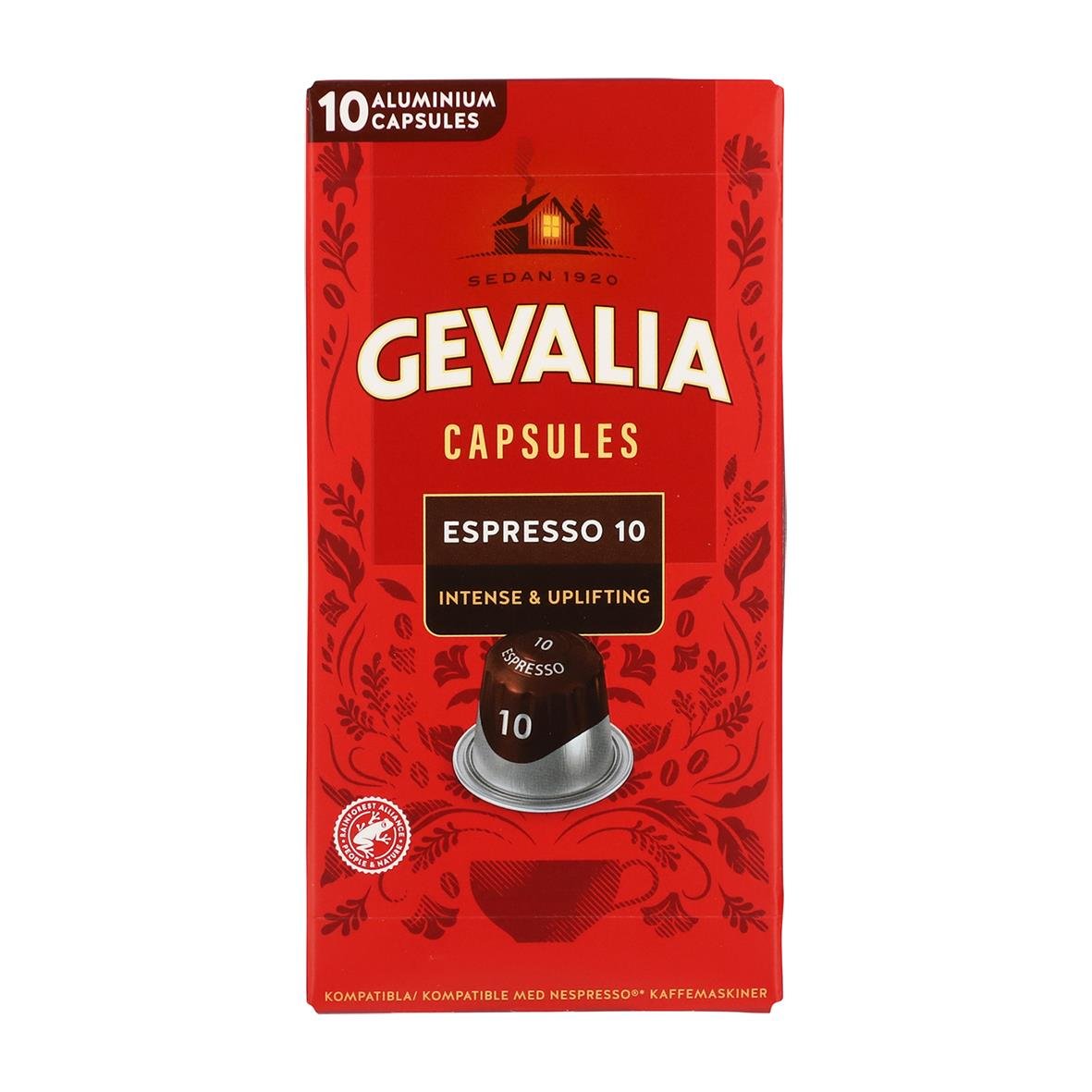 Kaffekapslar Gevalia Espresso 10 Intenso i röd förpackning med 10 aluminiumkapslar