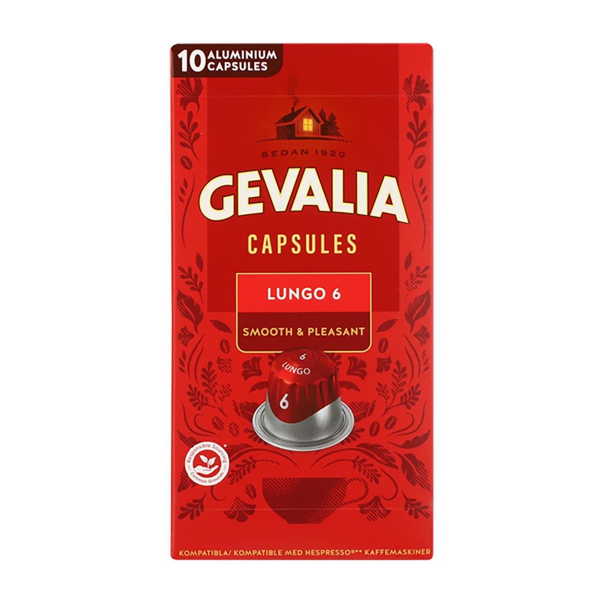 Kaffekapslar Gevalia Lungo 6 Classico i röd förpackning med 10 aluminiumkapslar