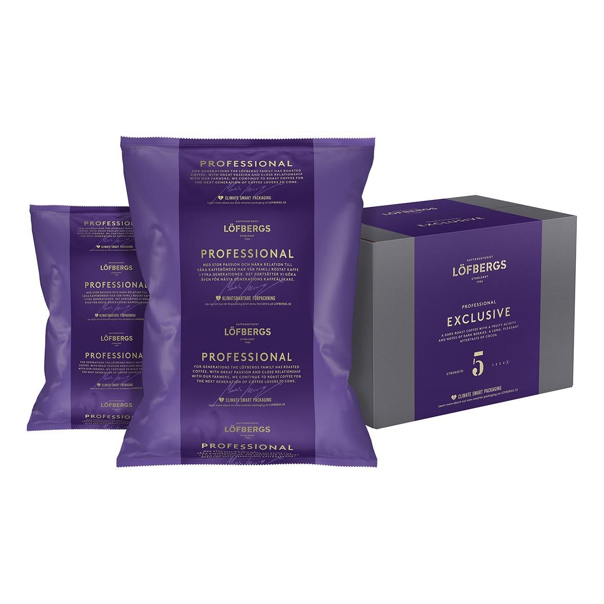 Löfbergs Exclusive kaffepåsar i förpackning och box
