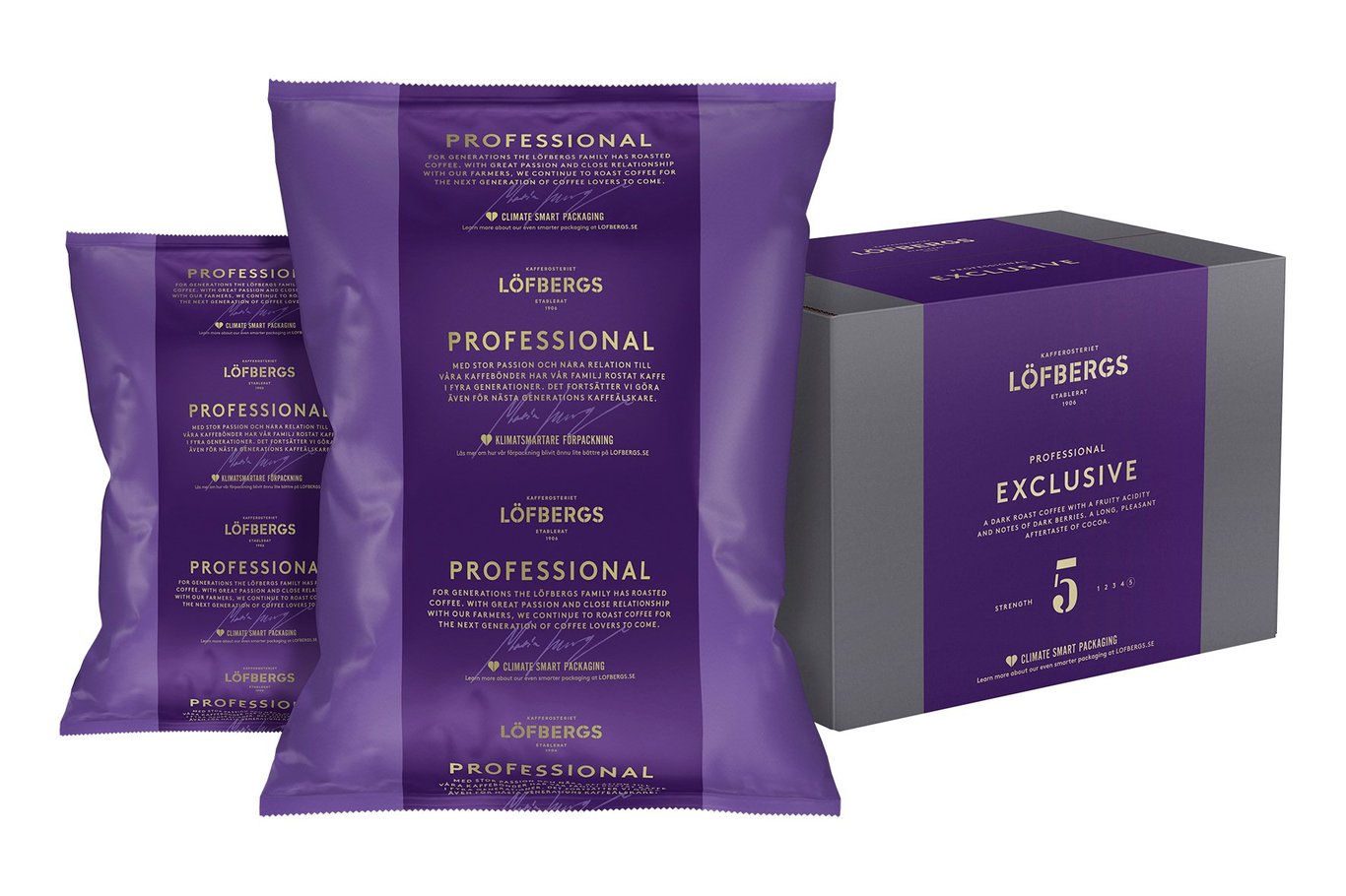 Löfbergs Exclusive kaffepåsar i förpackning och box