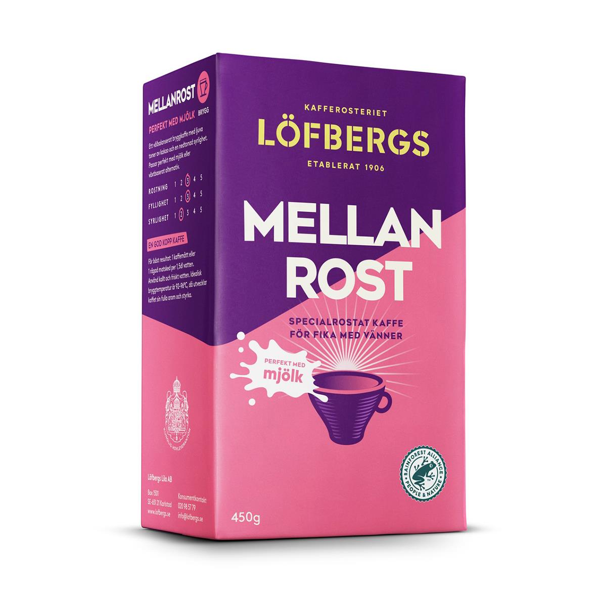 Löfbergs Mellanrost kaffe i rosa och lila förpackning med kopp och mjölk