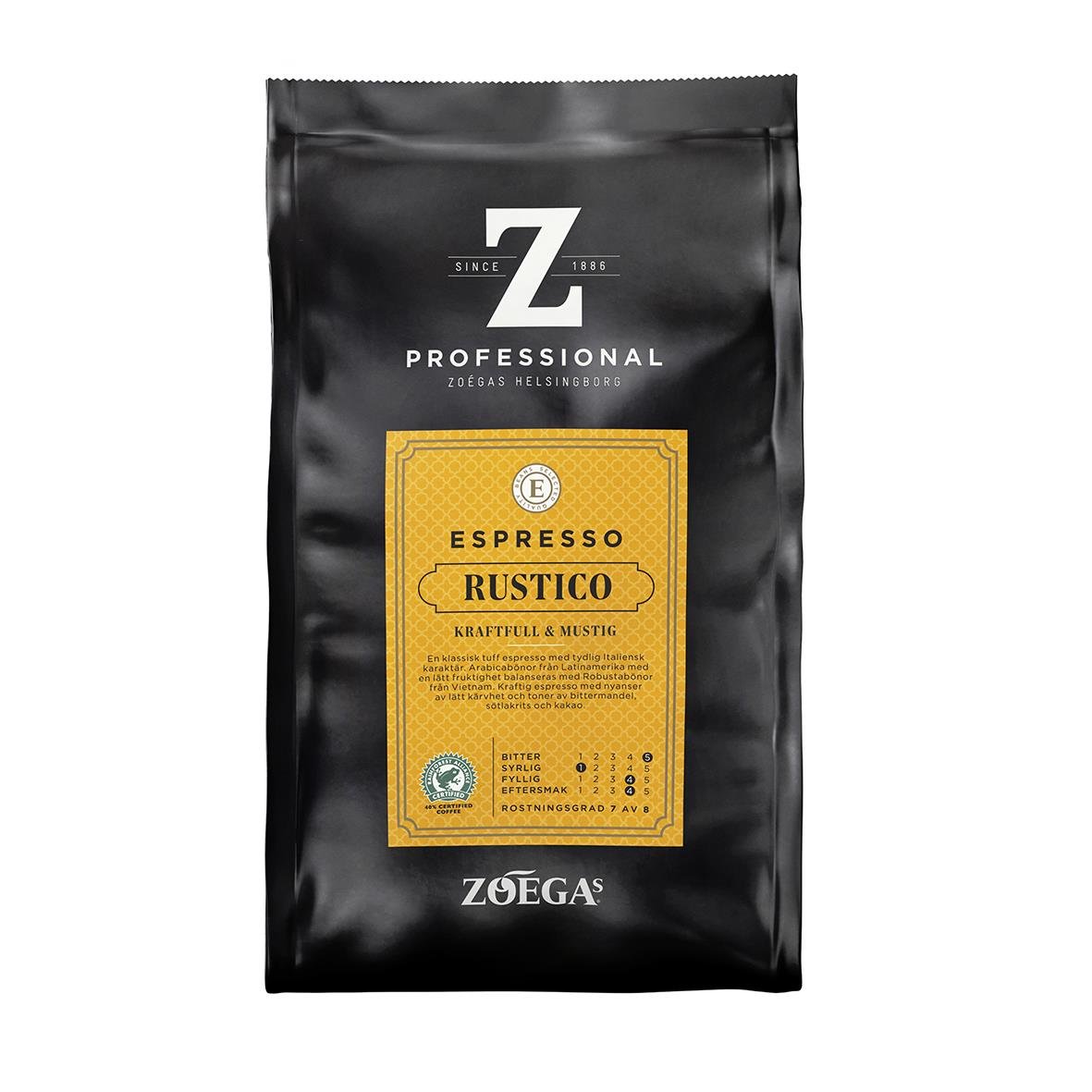 Förpackning av Zoégas Espresso Rustico hela bönor 500g i svart och gult design